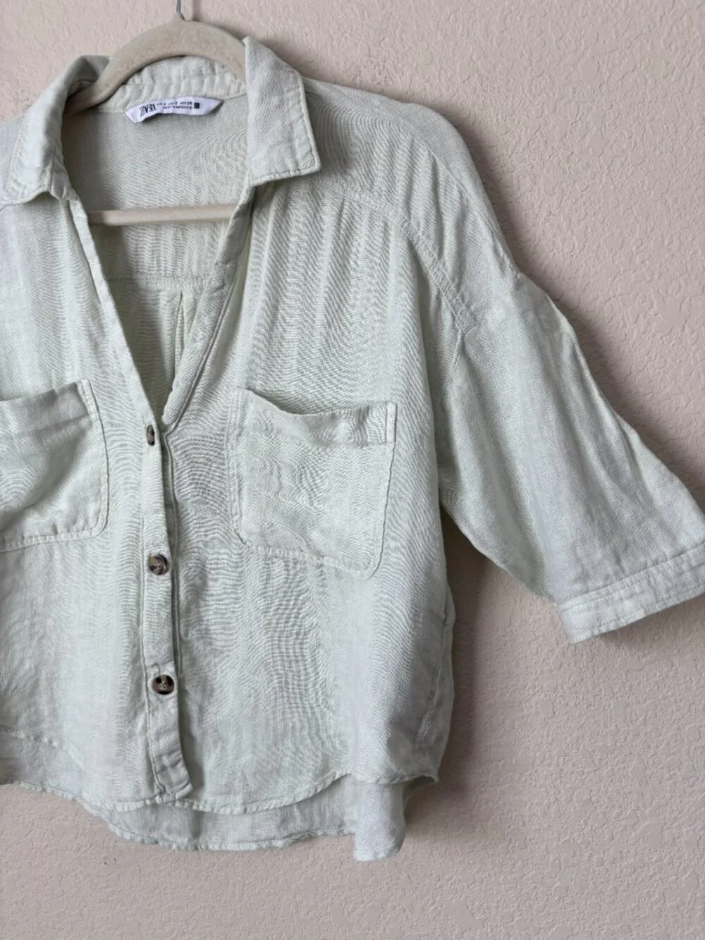 Zara Linen Button Up Boxy Cropped Pistachio Green Shirt - Picture 5 of 11